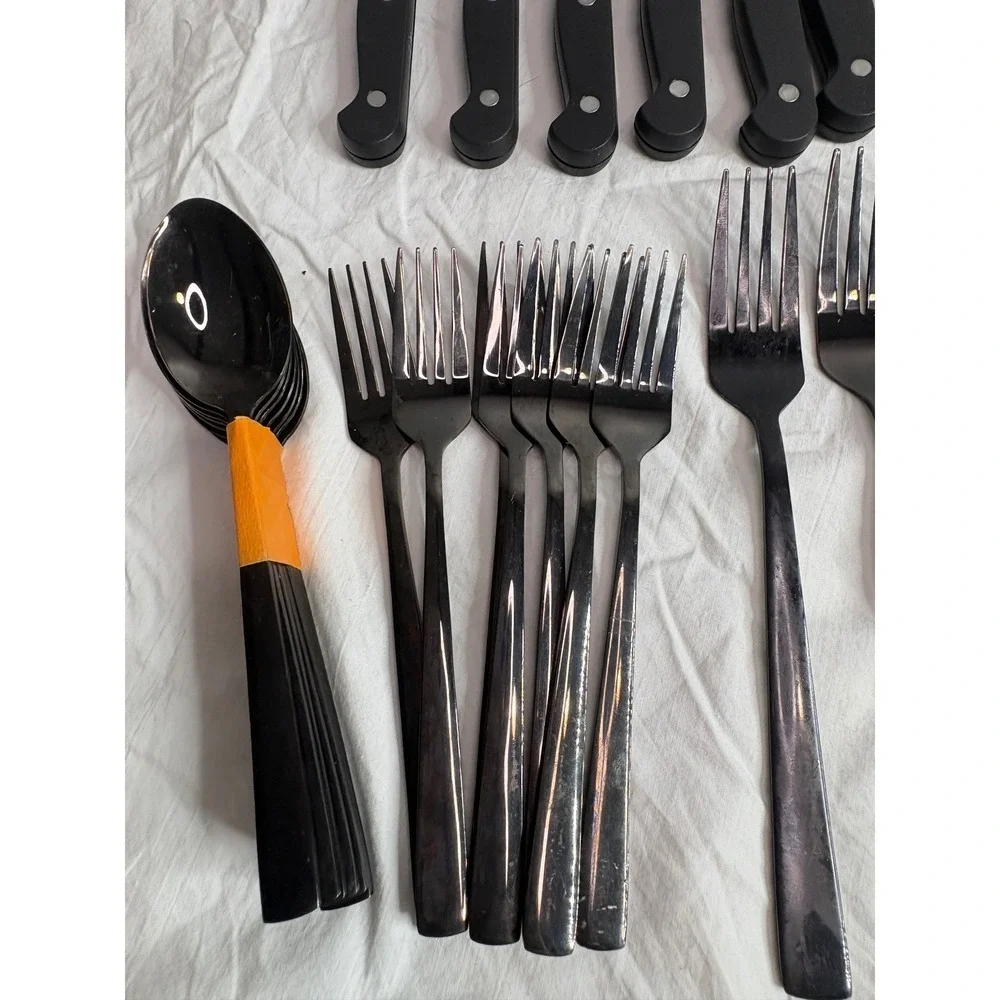 Black Silverware Set 46 Piece Flatware Utensils Knives Forks Spoons Dining